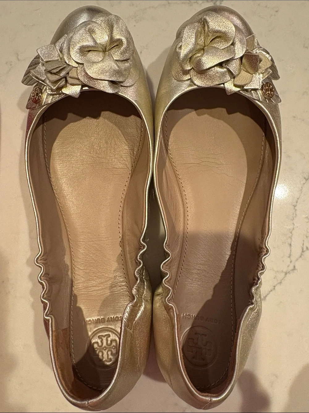 EUC Tory Burch Gold Floral Leather Ballet Flats